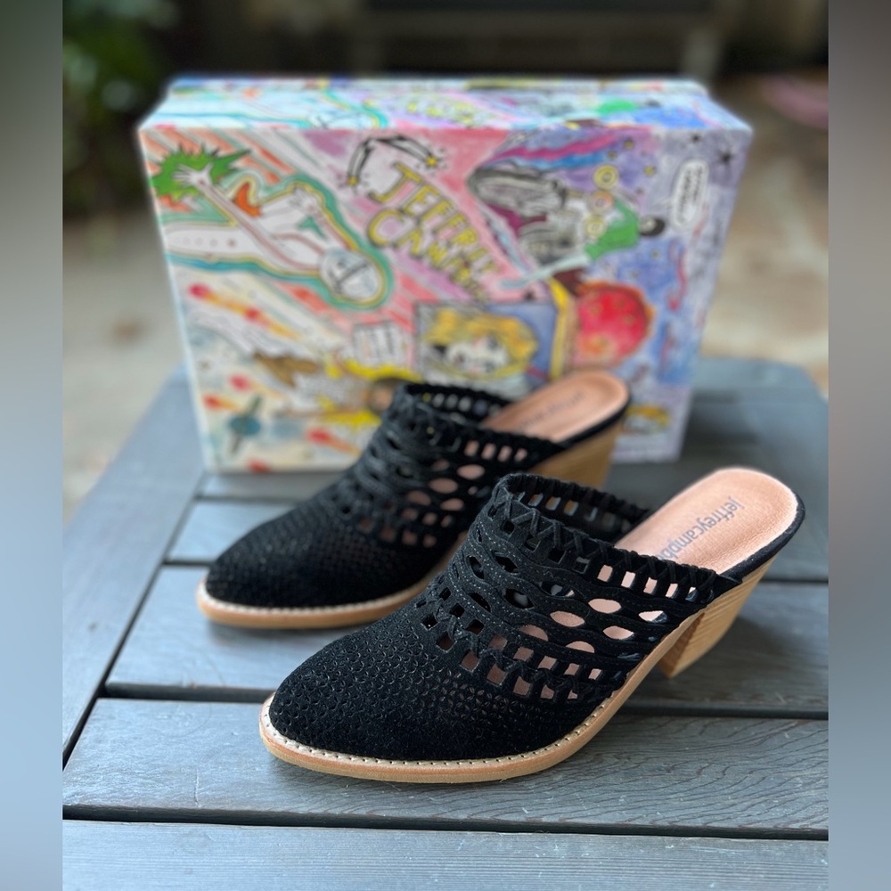 Jeffrey Campbell Black suede leather Woven Mules with Wooden Heel